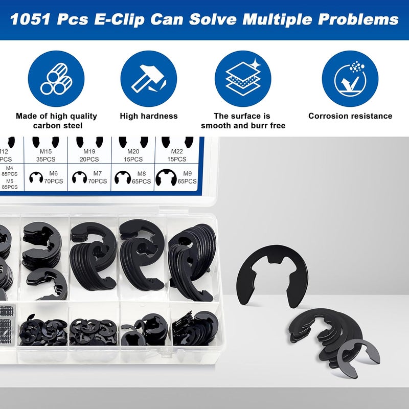 Daptemn E Clip Circlip External Retaining Rings Assortment Kit, 1050PCS E Clips External Carbon Steel Rings and 1 PC Tweezers, Includes Sizes of M1.5-M22 - Image 4